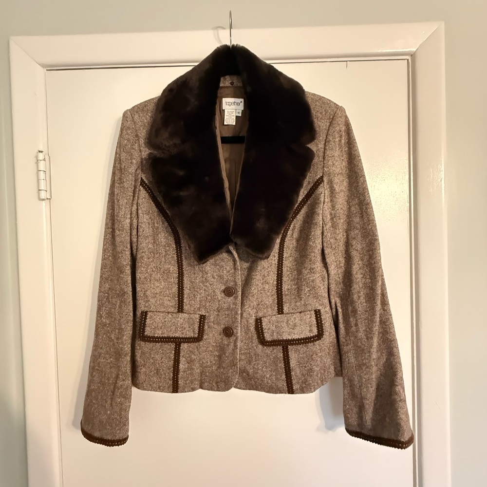 NWOT Together Brown Tweed Blazer with Faux Fur Collar